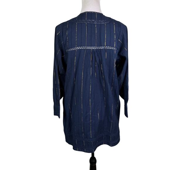 DRA Los Angeles Navy Gold Metallic Striped Eyelet Long Sleeve Shift Mini Dress - Picture 5 of 12